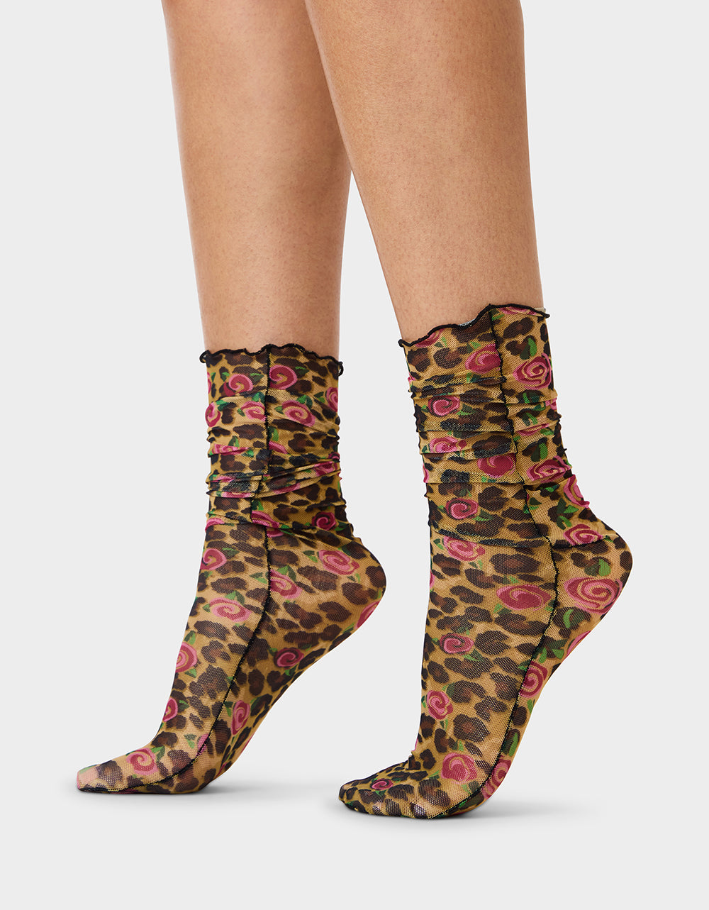 2-PACK LEOPARD ROSE MESH CREW SOCKS TAN MULTI - Image 3